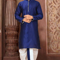 Royal Blue Art Silk Kurta with White Dhoti Style Pyjama for Men