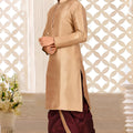 Traditional Beige Art Silk Kurta with Maroon Dhoti Style Pyjama for Men