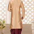 Traditional Beige Art Silk Kurta with Maroon Dhoti Style Pyjama for Men