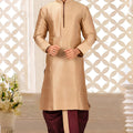 Traditional Beige Art Silk Kurta with Maroon Dhoti Style Pyjama for Men