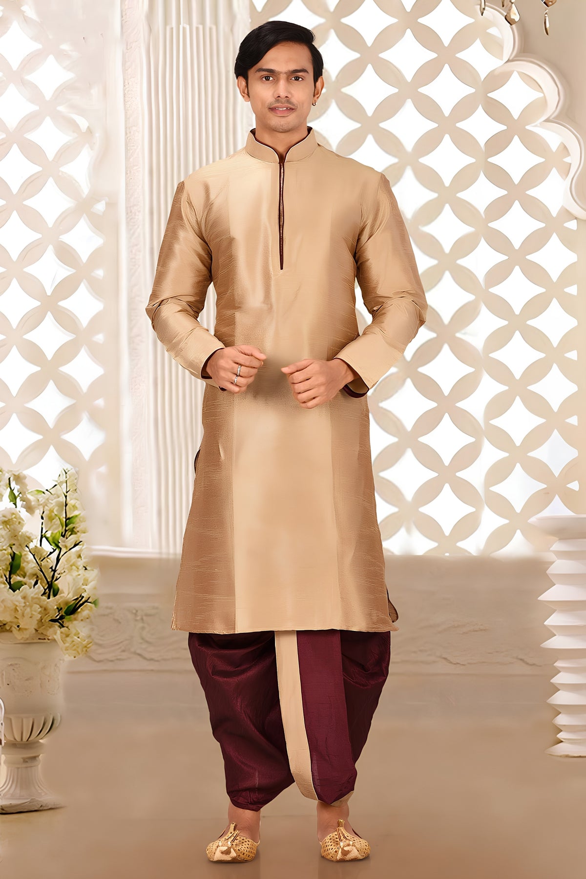 Traditional Beige Art Silk Kurta with Maroon Dhoti Style Pyjama for Men