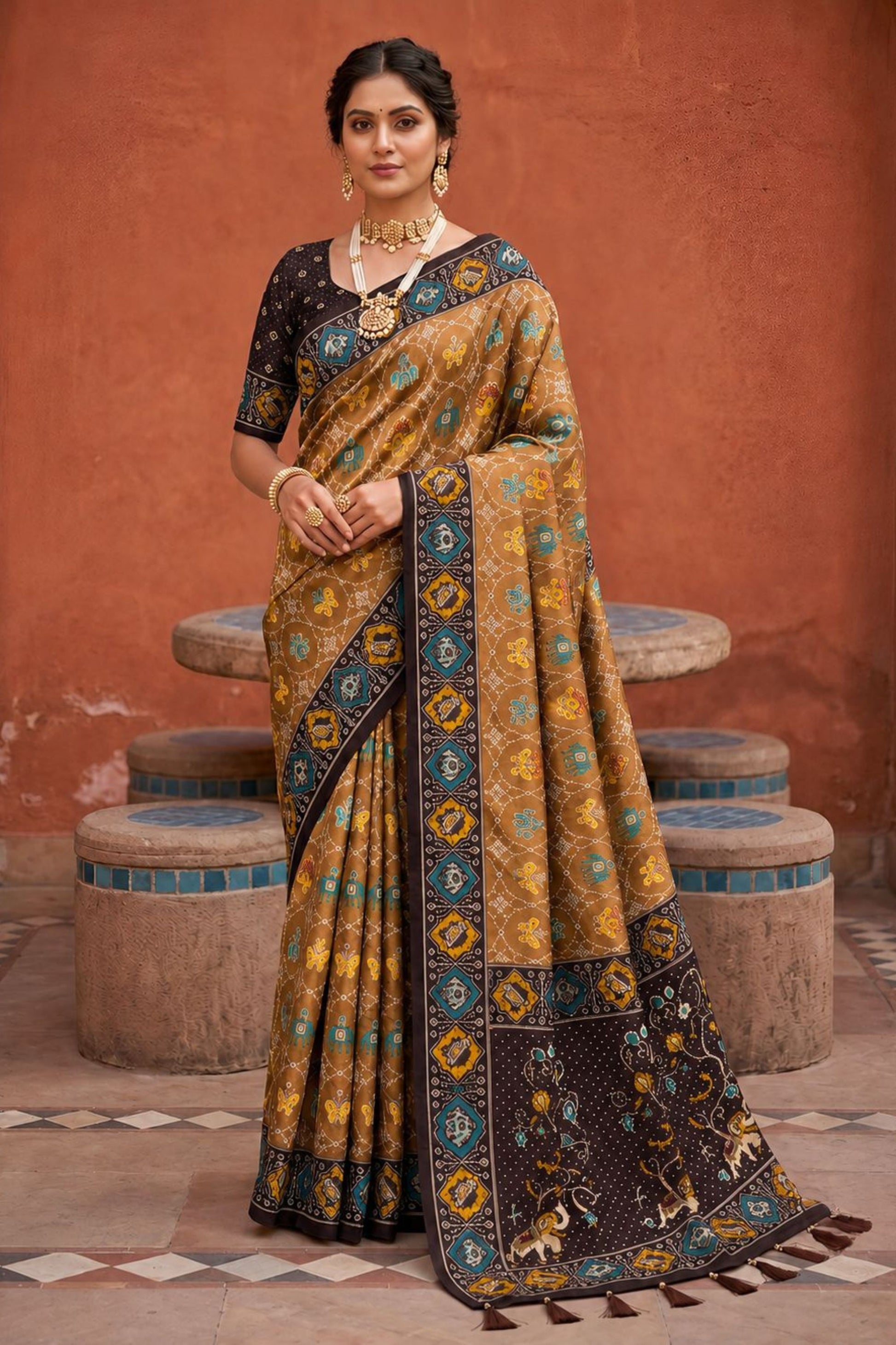 Stylish Brown Patola Silk Woven Meenakari Jacquard Designer Saree for Women