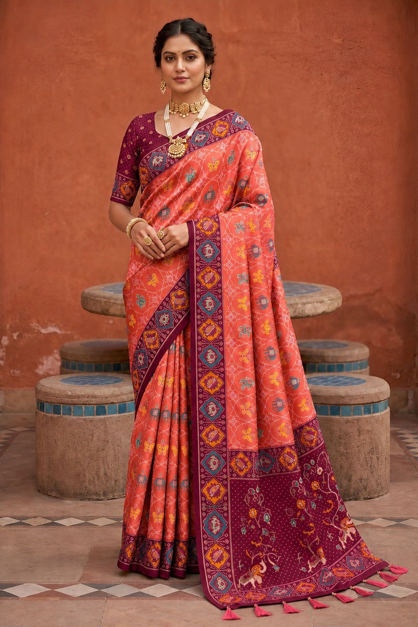 Beautiful Pink Patola Silk Woven Meenakari Jacquard Designer Saree for Women