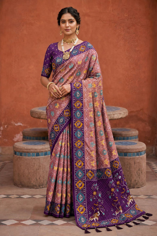 Dusty Rose Pink Patola Silk Woven Meenakari Jacquard Designer Saree for Women