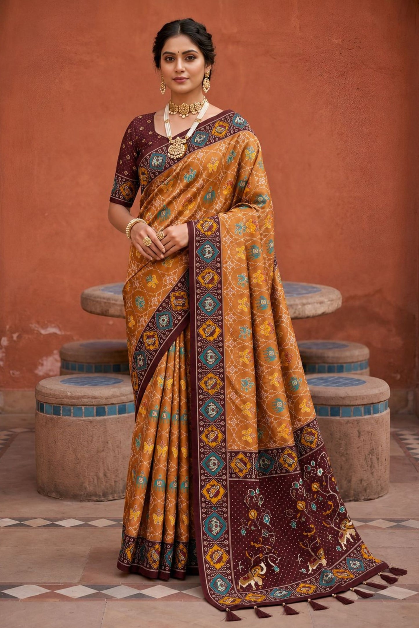 Premium Mustard Yellow Patola Silk Woven Meenakari Jacquard Designer Saree for Women
