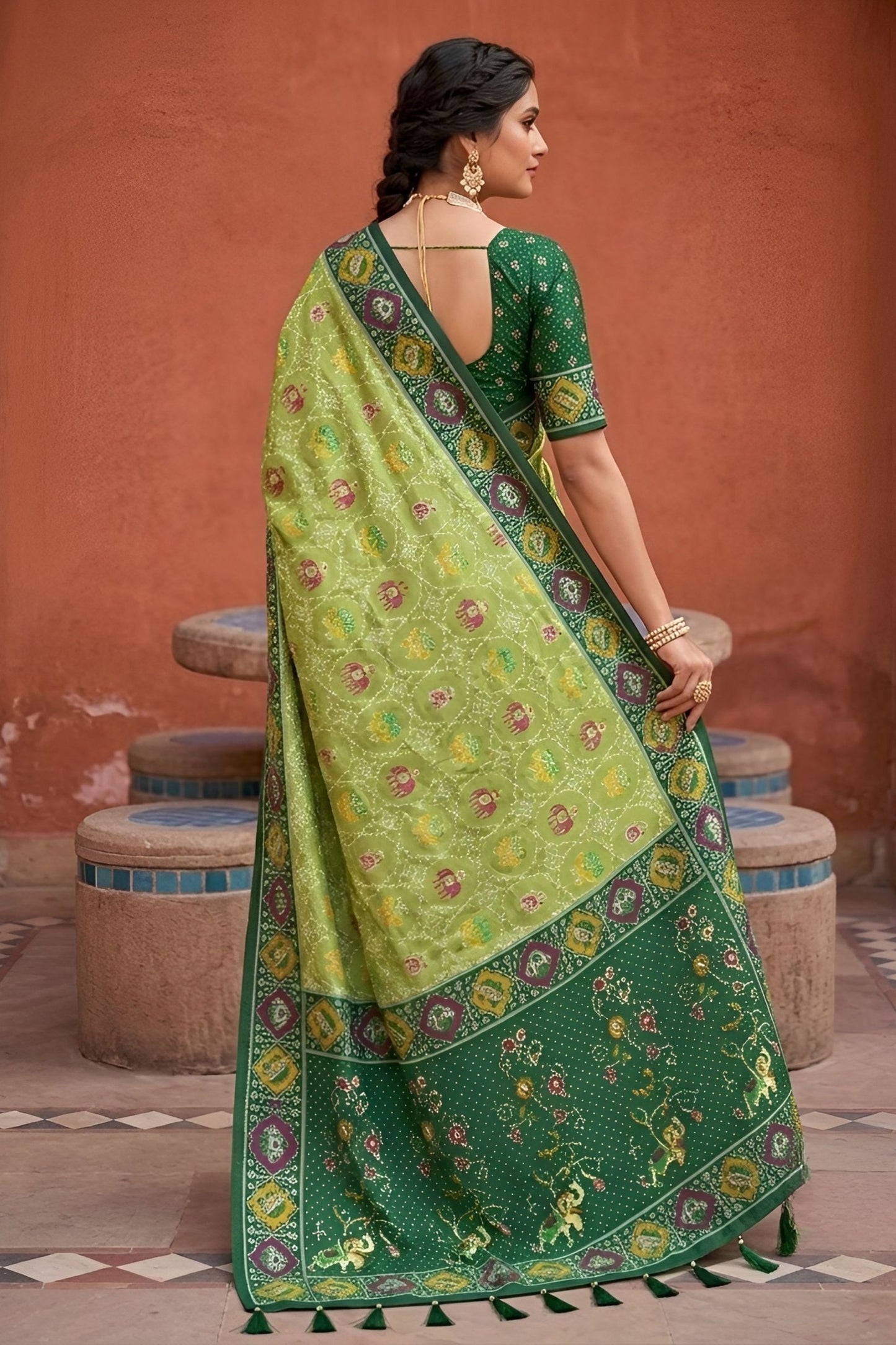 Elegant Lime Green Patola Silk Woven Meenakari Jacquard Designer Saree for Women