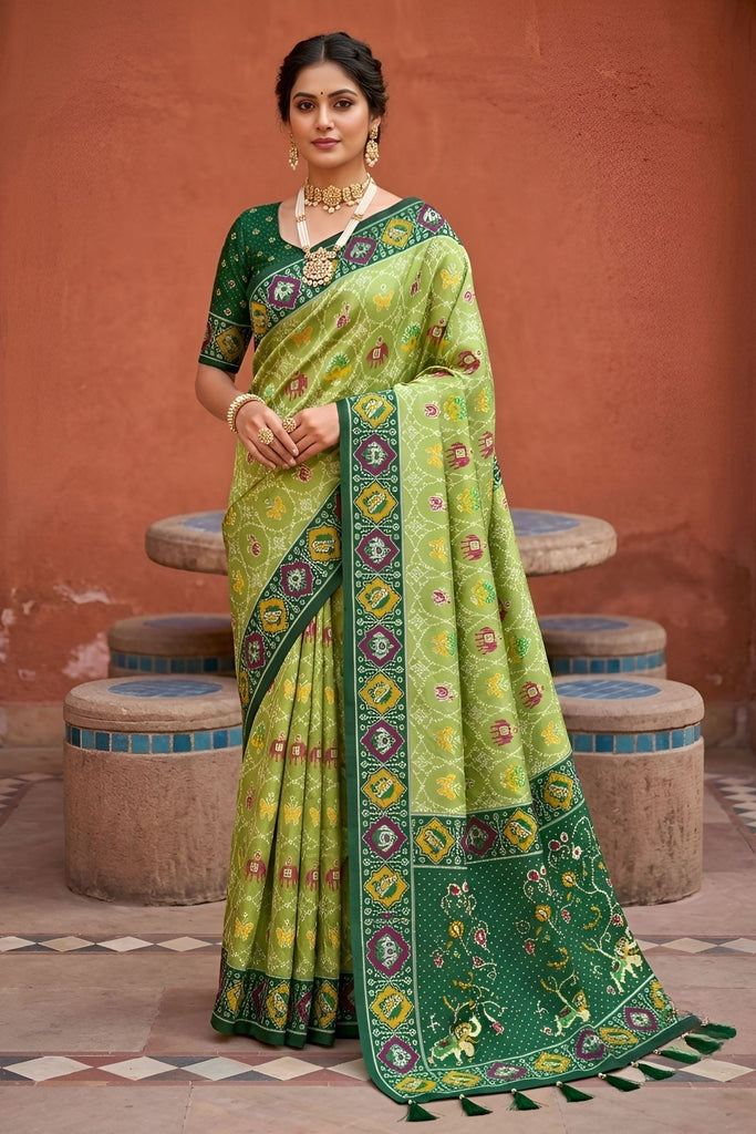 Elegant Lime Green Patola Silk Woven Meenakari Jacquard Designer Saree for Women