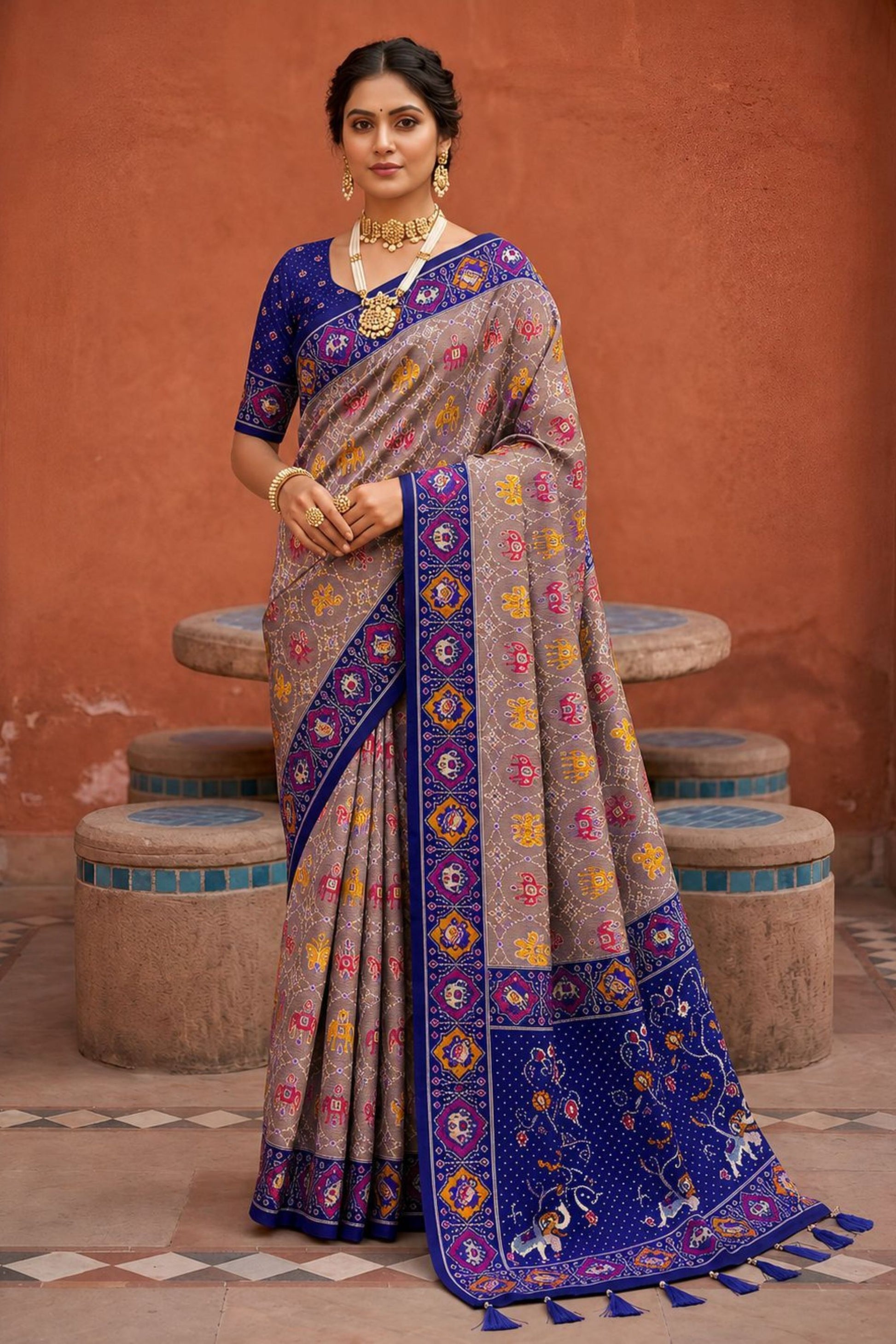 Vibrant Grey Patola Silk Woven Meenakari Jacquard Designer Saree for Women