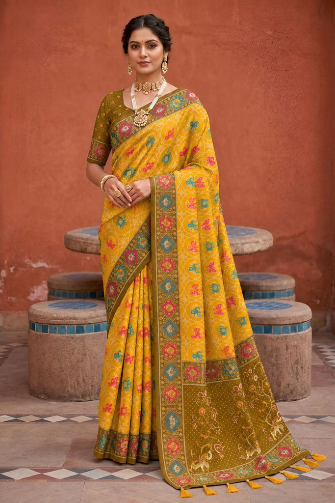 Stylish Yellow Patola Silk Woven Meenakari Jacquard Designer Saree for Women