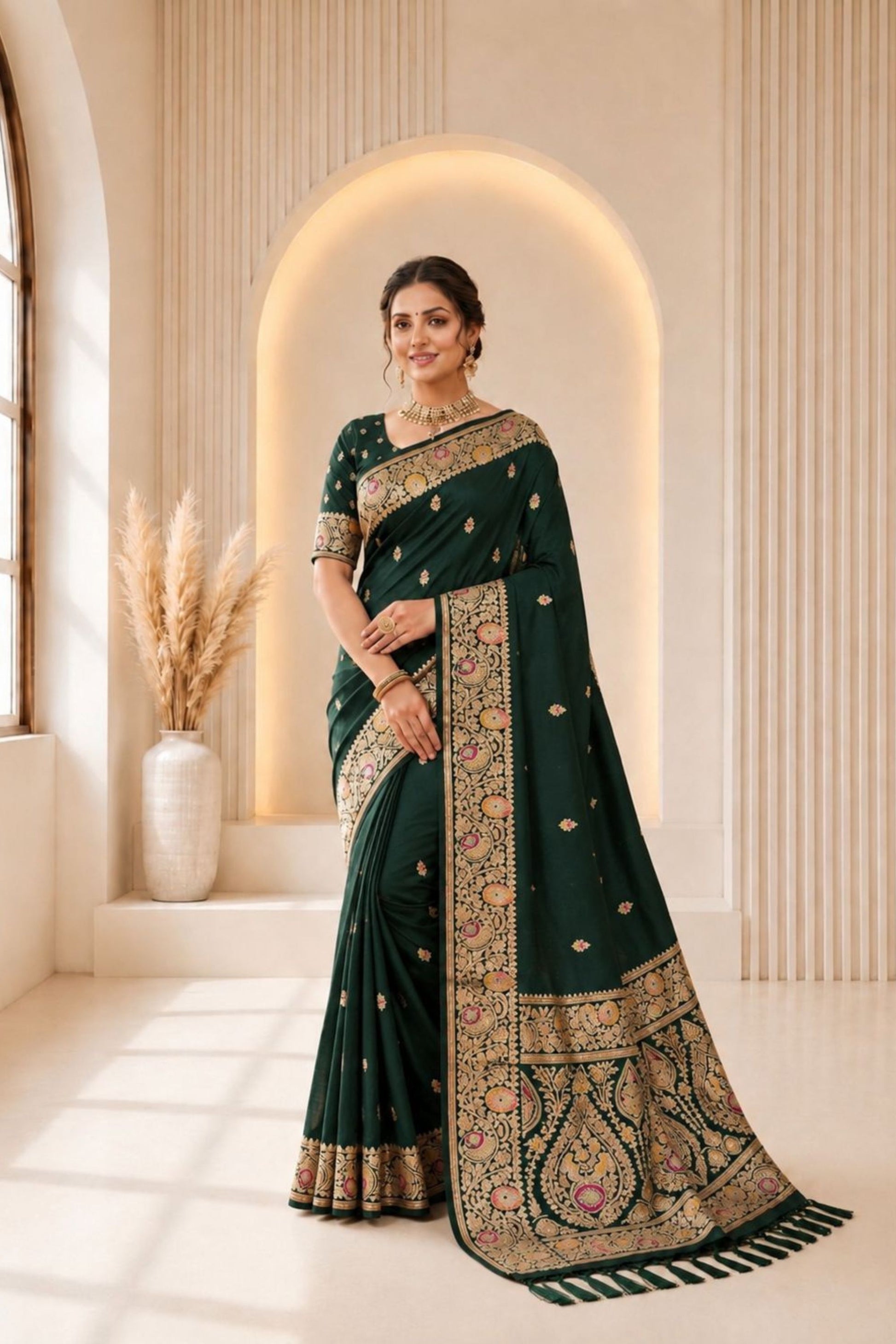 Graceful Bottle Green Banarasi Silk Woven Jacquard Designer Saree for Women