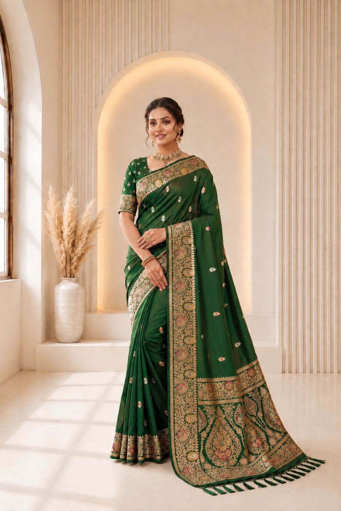 Elegant Bottle Green Banarasi Silk Woven Jacquard Designer Saree for Women