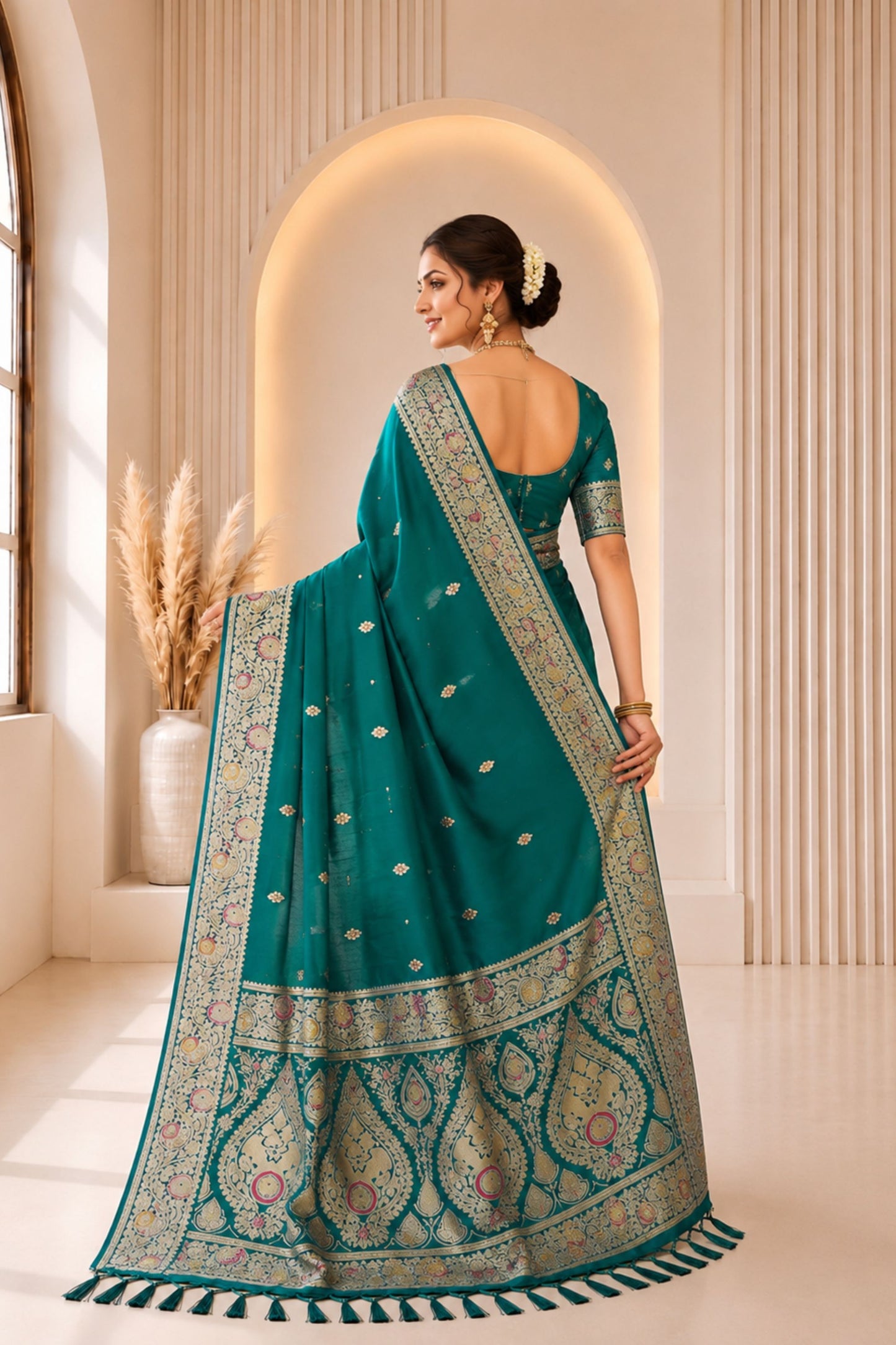 Vibrant Teal Green Banarasi Silk Woven Jacquard Designer Saree for Women