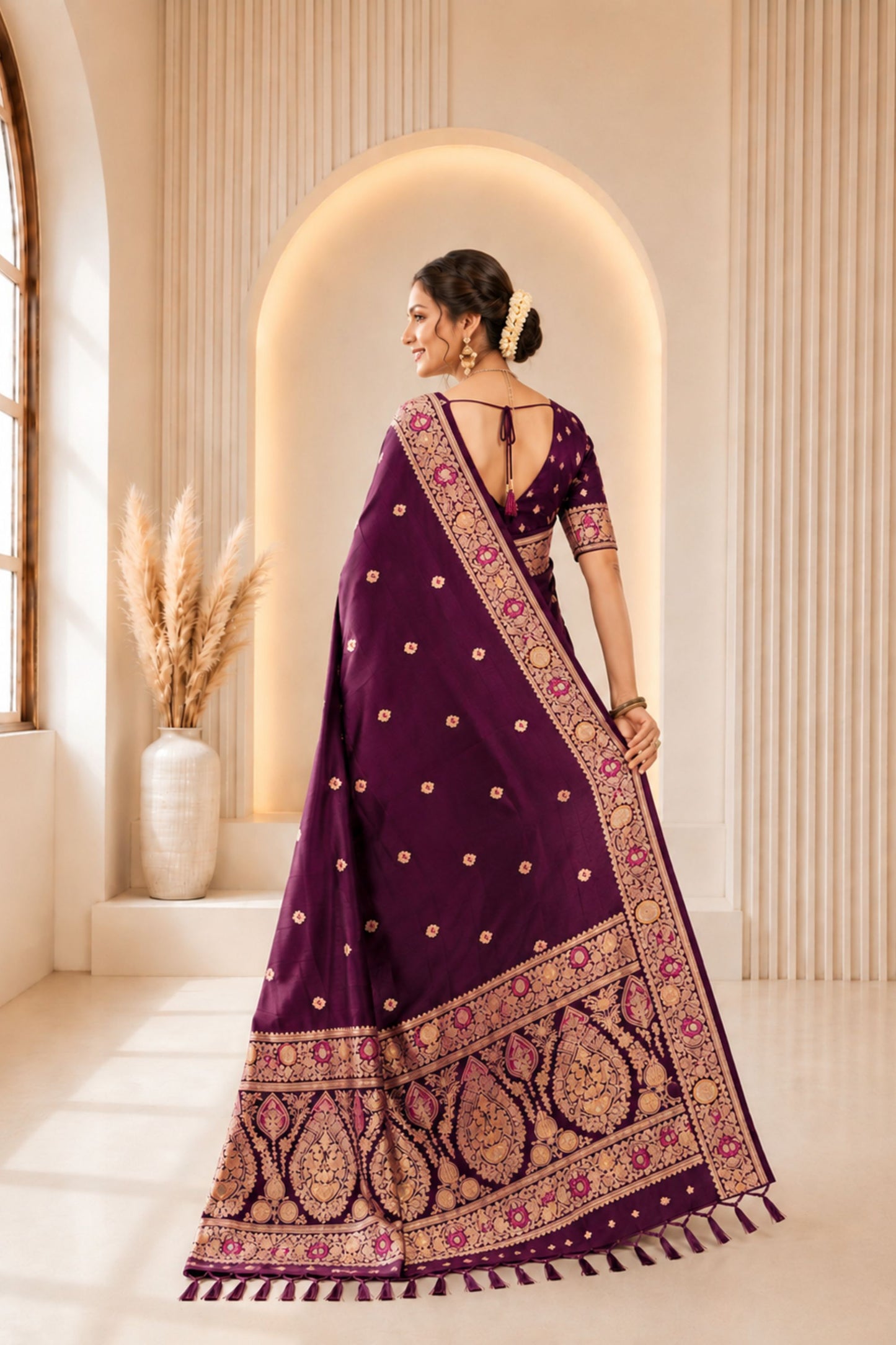 Lovely Wine Banarasi Silk Woven Jacquard Designer Saree for Women