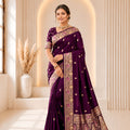 Lovely Wine Banarasi Silk Woven Jacquard Designer Saree for Women