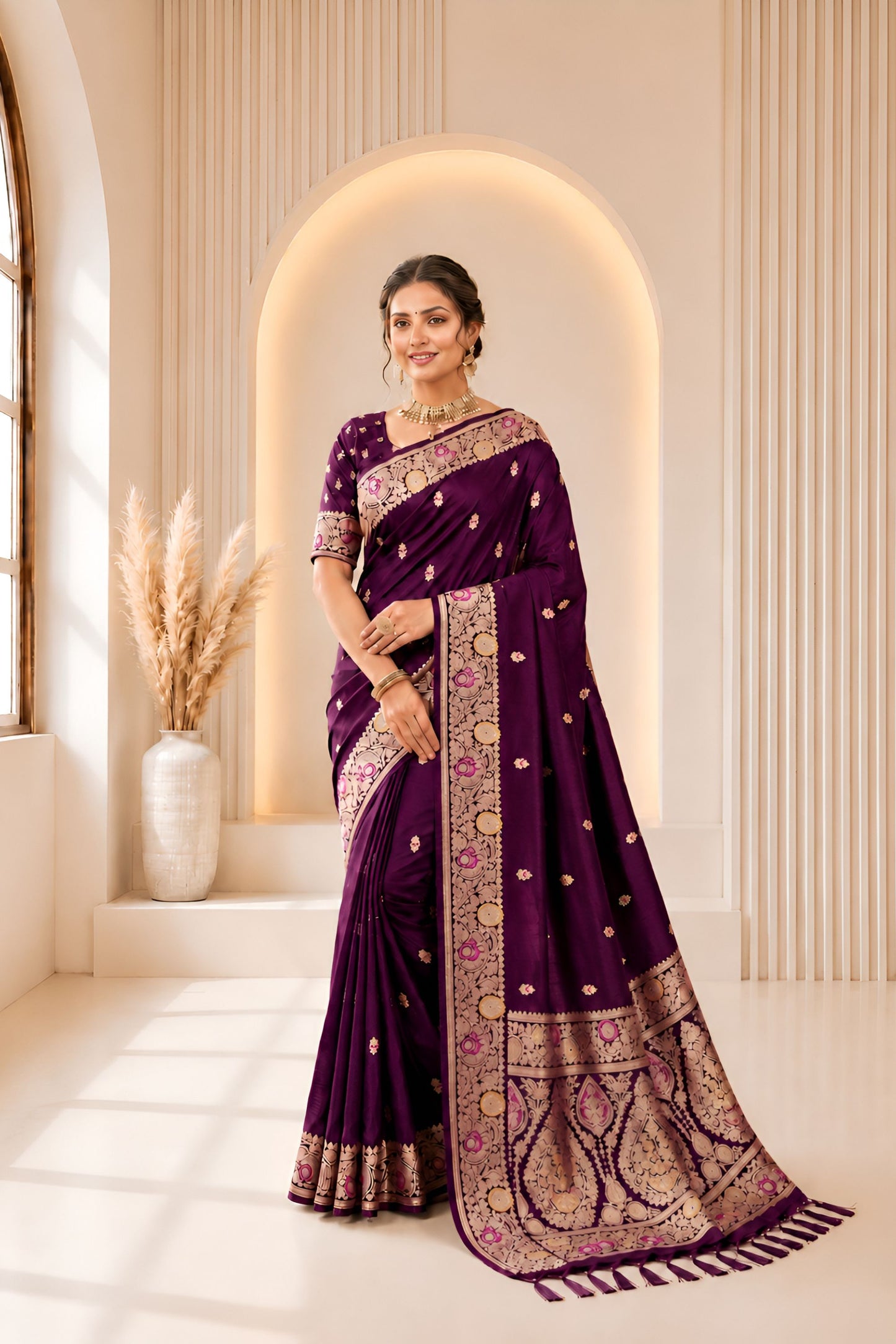 Lovely Wine Banarasi Silk Woven Jacquard Designer Saree for Women