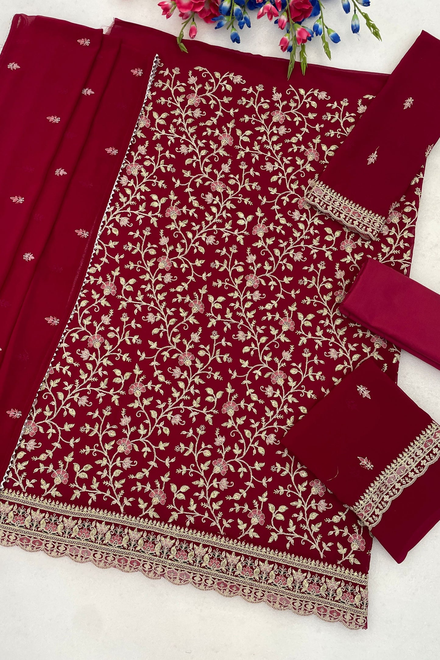 Elegant Rani Pink Georgette Straight Salwar Suit Embroidery Work Dupatta