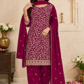 Elegant Rani Pink Georgette Straight Salwar Suit Embroidery Work Dupatta