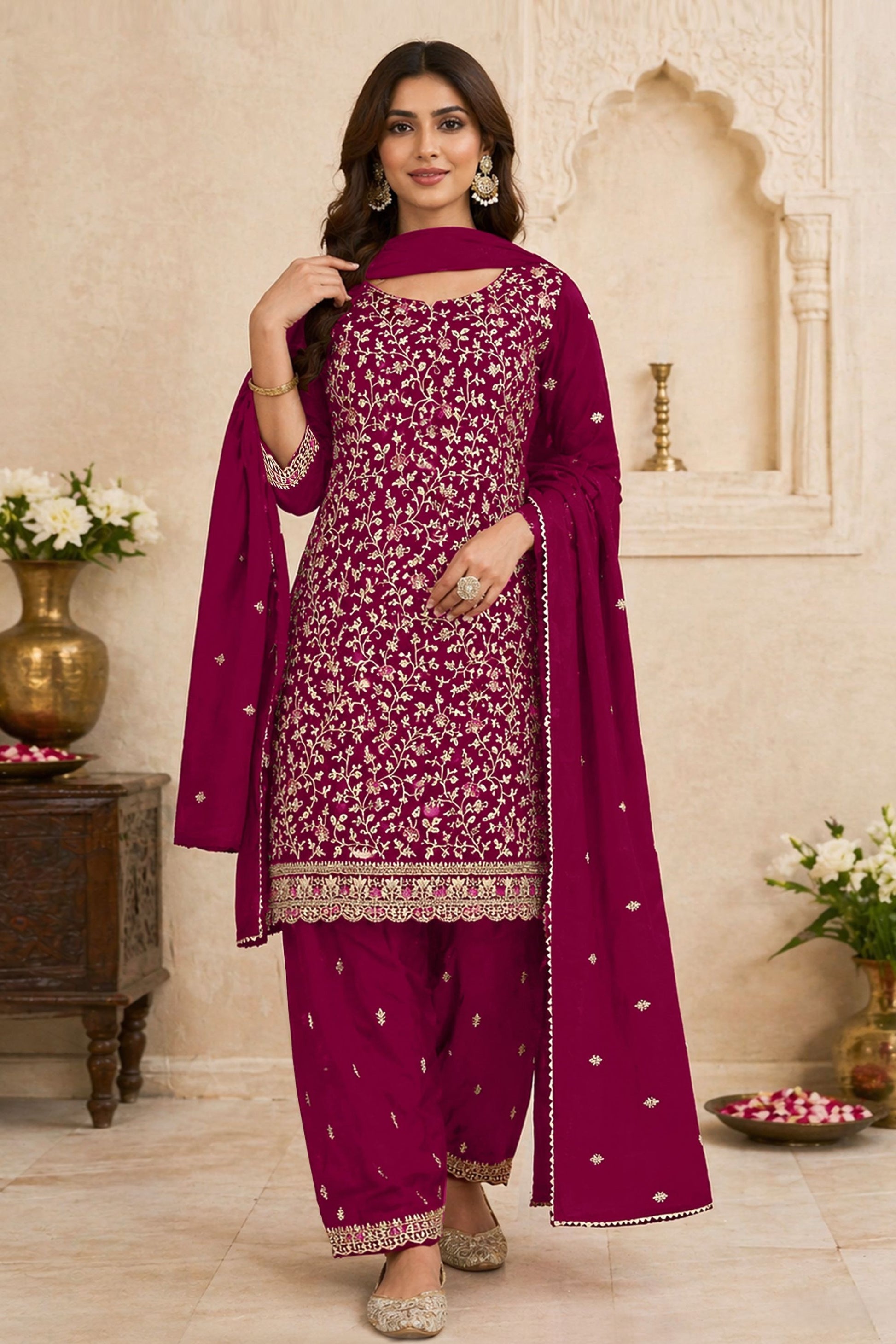 Elegant Rani Pink Georgette Straight Salwar Suit Embroidery Work Dupatta