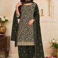 Premium Olive Green Georgette Straight Salwar Suit Embroidery Work Dupatta for Women