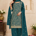 Royal Teal Blue Georgette Straight Salwar Suit Embroidery Work for Women