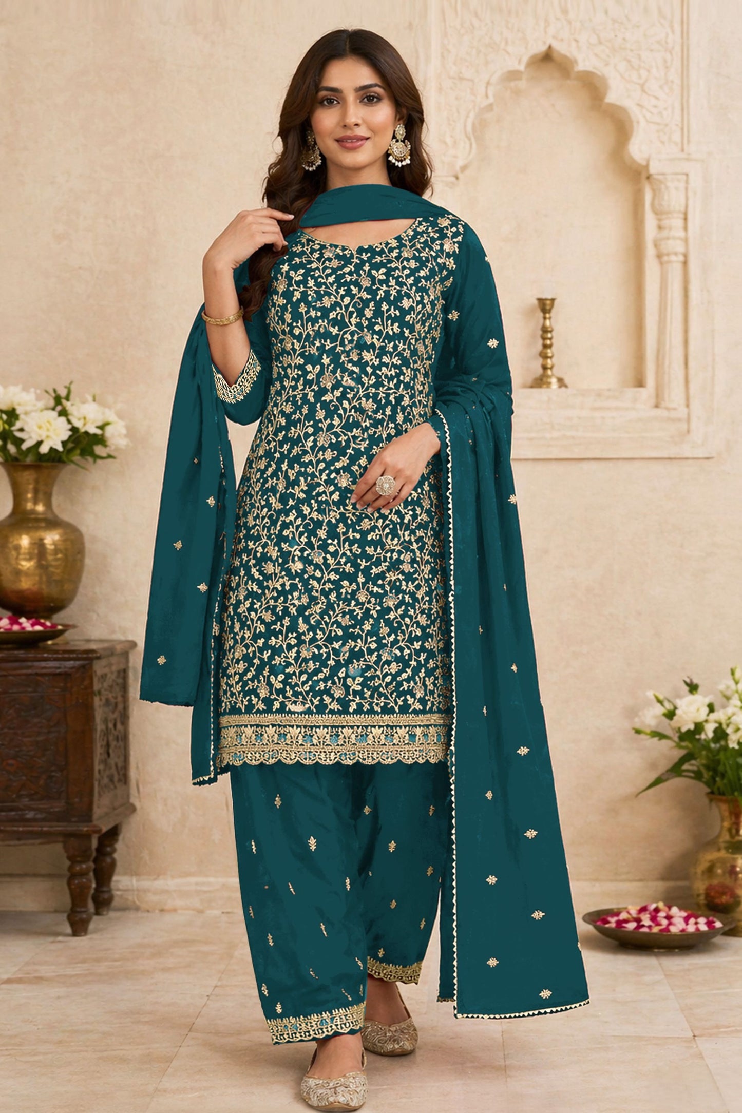 Royal Teal Blue Georgette Straight Salwar Suit Embroidery Work for Women