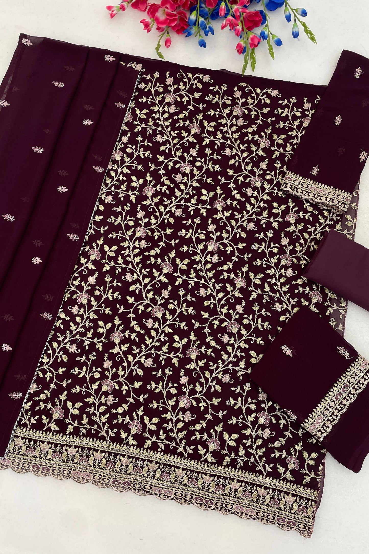 Lovely Purple Georgette Straight Salwar Suit  Embroidery Work for Women