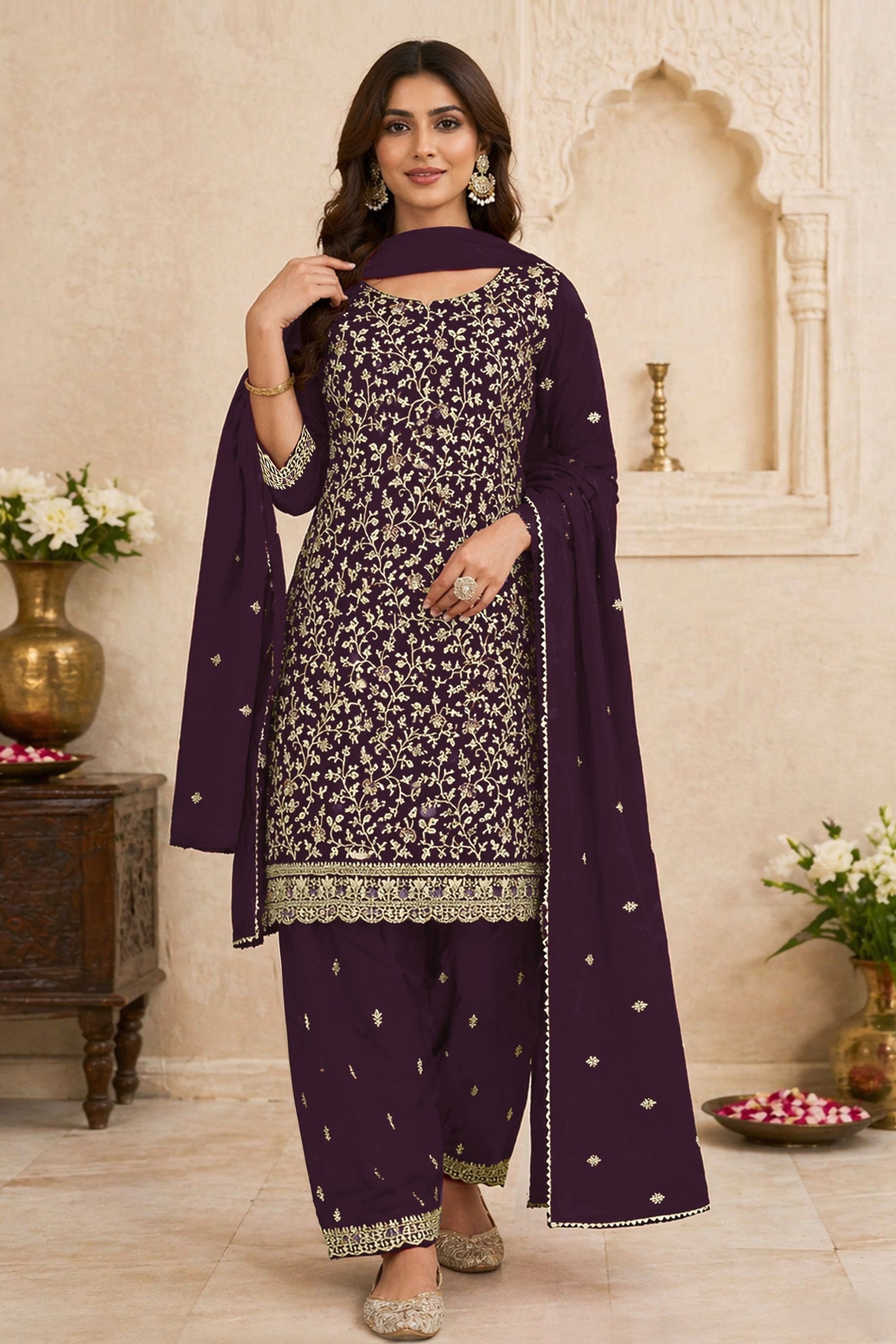 Lovely Purple Georgette Straight Salwar Suit  Embroidery Work for Women