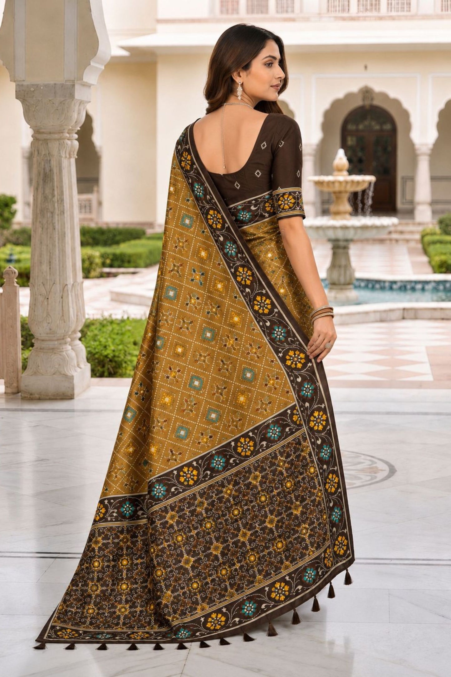 Stylish Mustard Brown Patola Silk Woven Meenakari Jacquard Saree for Women