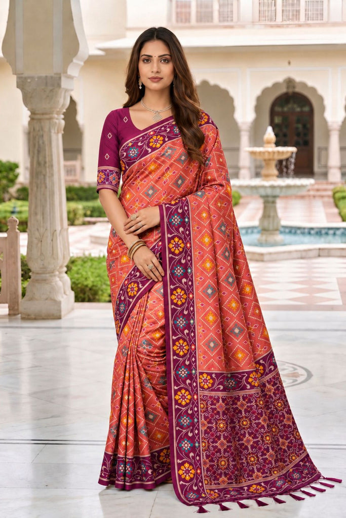 Gorgeous Rust Orange Patola Silk Woven Meenakari Jacquard Designer Saree for Women
