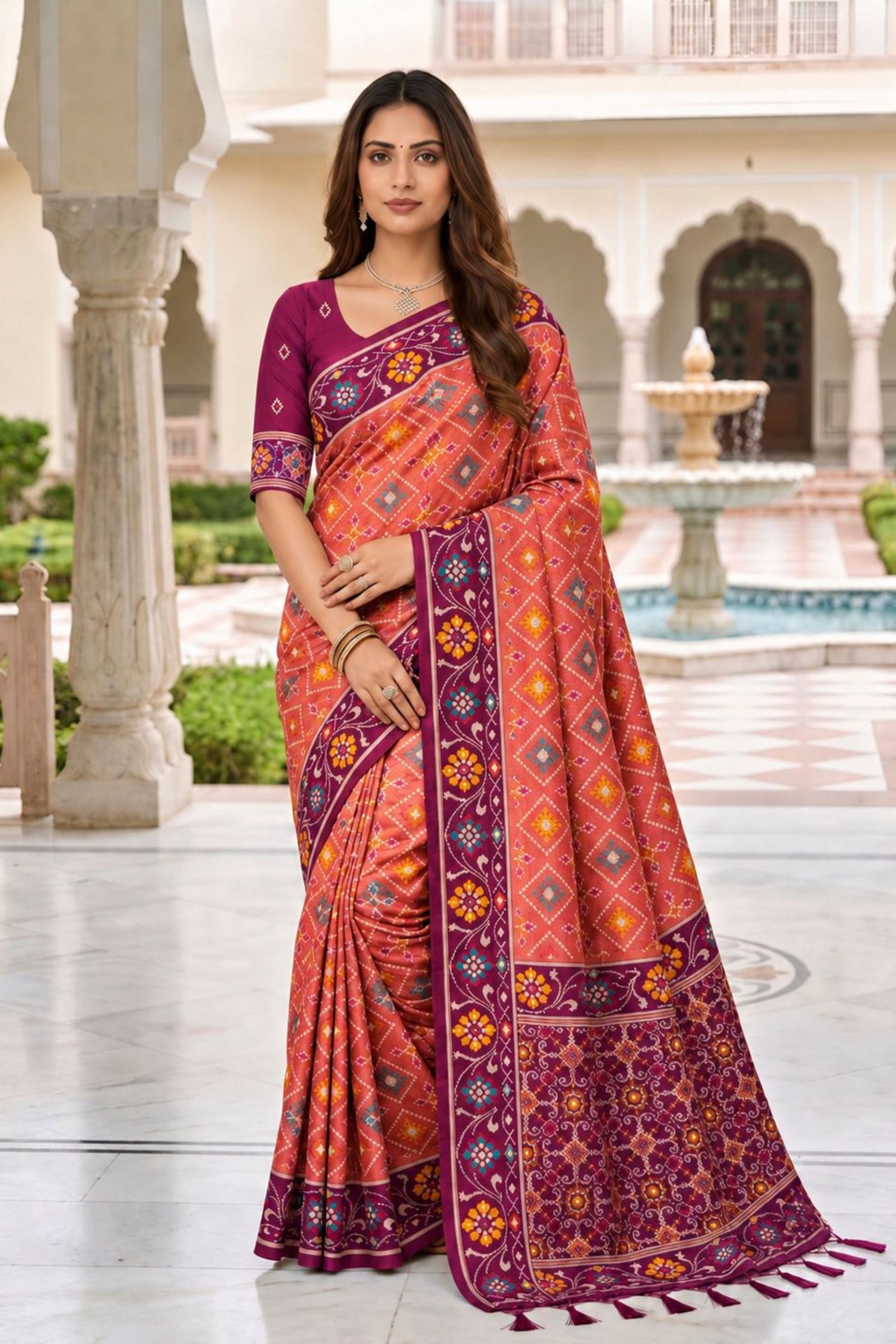 Gorgeous Rust Orange Patola Silk Woven Meenakari Jacquard Designer Saree for Women