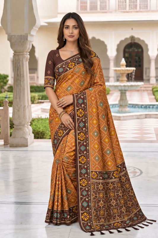 Vibrant Brown Patola Silk Woven Meenakari Jacquard Saree for Women