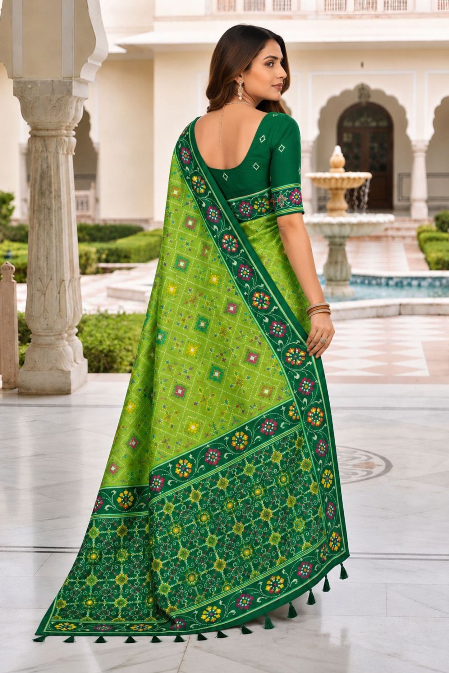 Graceful Lime Green Patola Silk Woven Meenakari Jacquard Designer Saree for Women