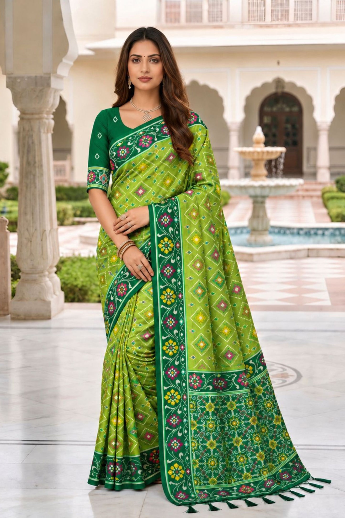 Graceful Lime Green Patola Silk Woven Meenakari Jacquard Designer Saree for Women