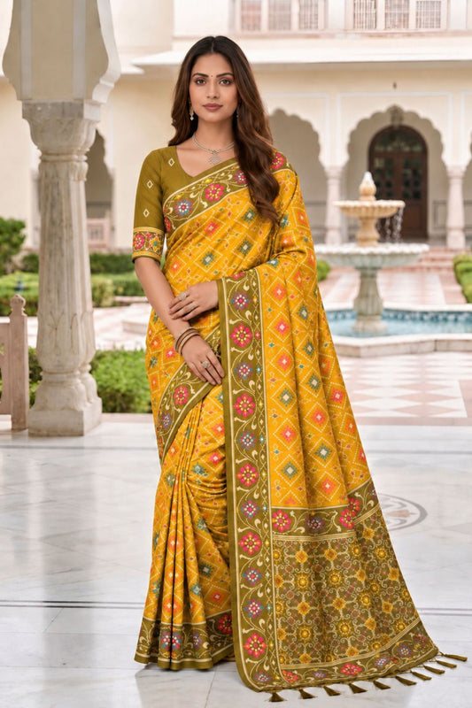 Premium Mustard Yellow Patola Silk Woven Meenakari Jacquard Saree for Women
