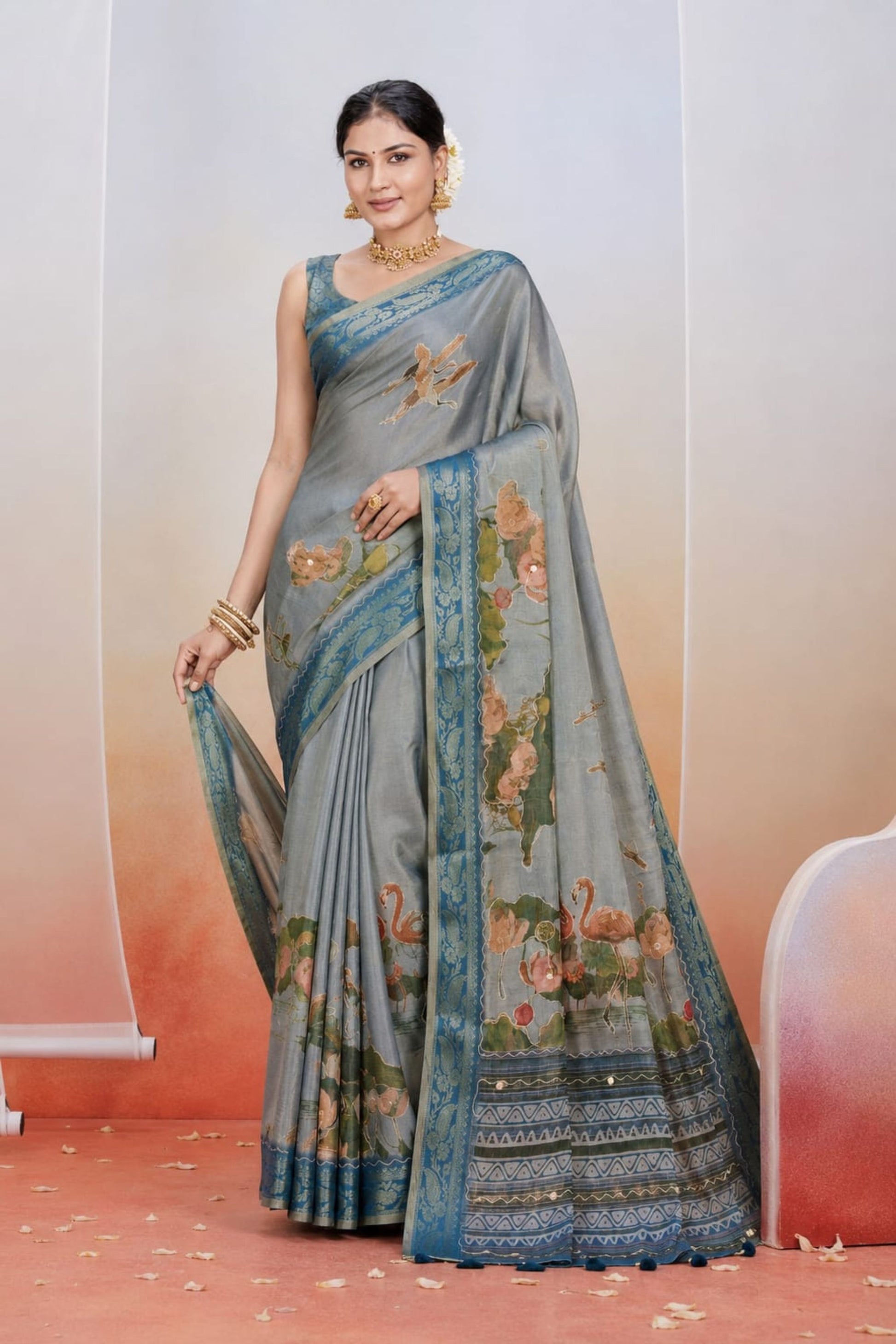 Stunning Grey Kanjivaram Woven Designer Printed Saree 