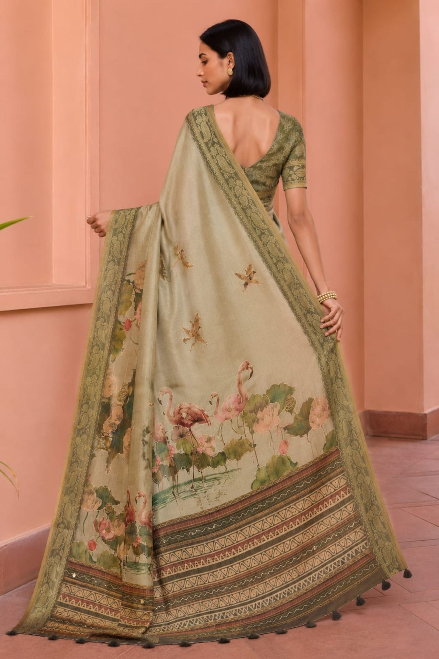 Stylish Beige Kanjivaram Woven Designer Printed Saree