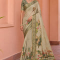 Stylish Beige Kanjivaram Woven Designer Printed Saree