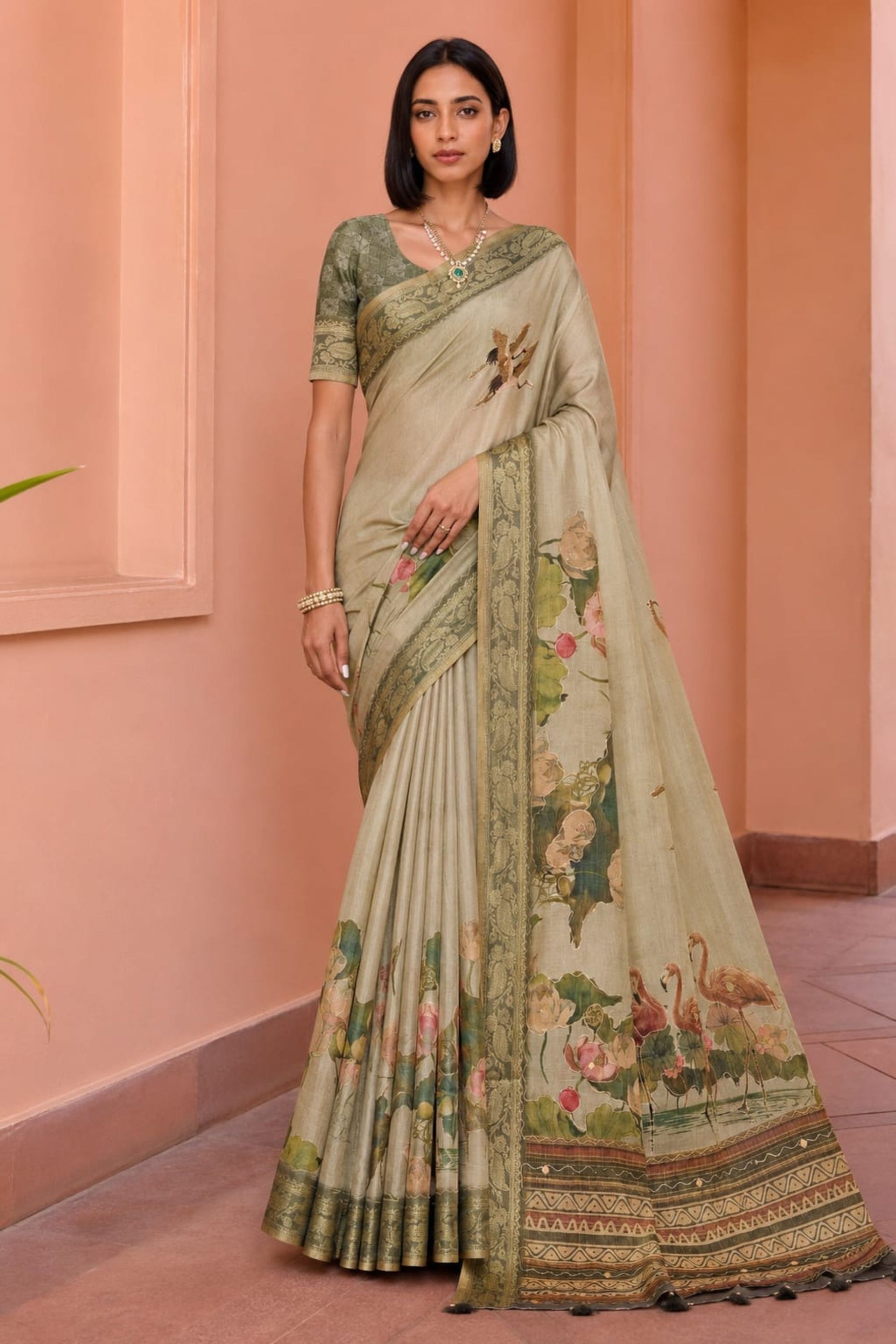 Stylish Beige Kanjivaram Woven Designer Printed Saree