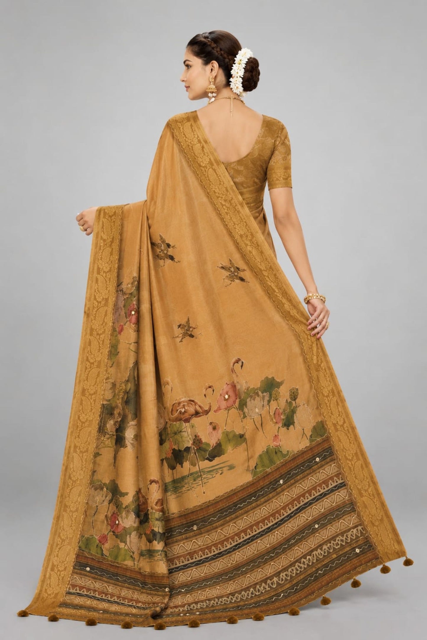 Premium Mustard Yellow Kanjivaram Woven Designer Printed Saree