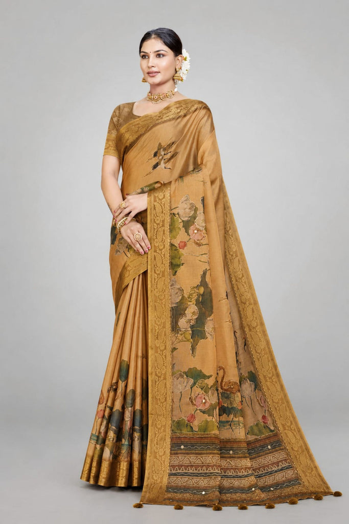 Premium Mustard Yellow Kanjivaram Woven Designer Printed Saree