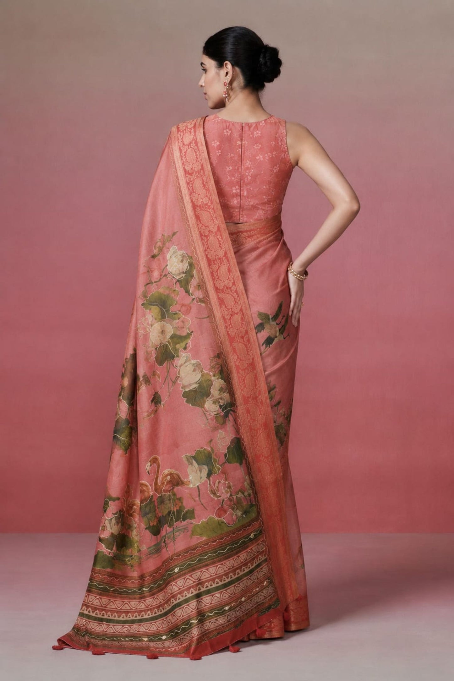 Beautiful Rose Pink Kanjivaram Woven Printed Saree