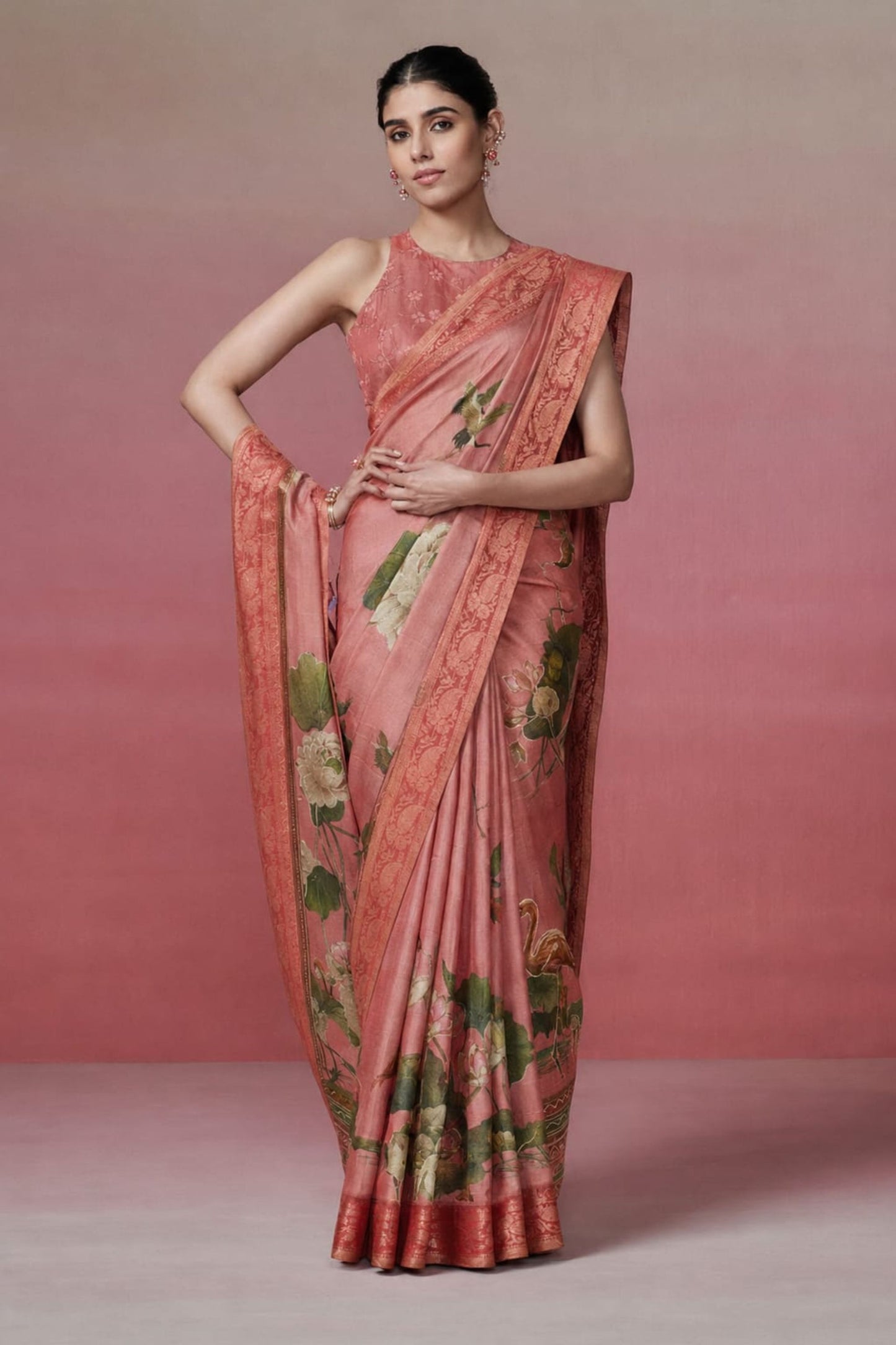 Beautiful Rose Pink Kanjivaram Woven Printed Saree