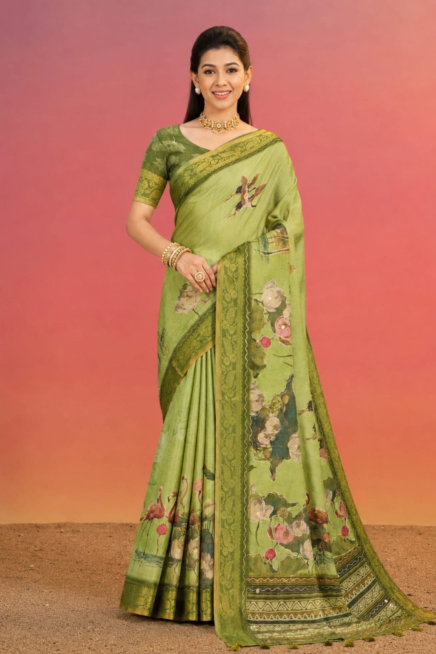 Graceful Pista Green Kanjivaram Woven Designer Printed Saree
