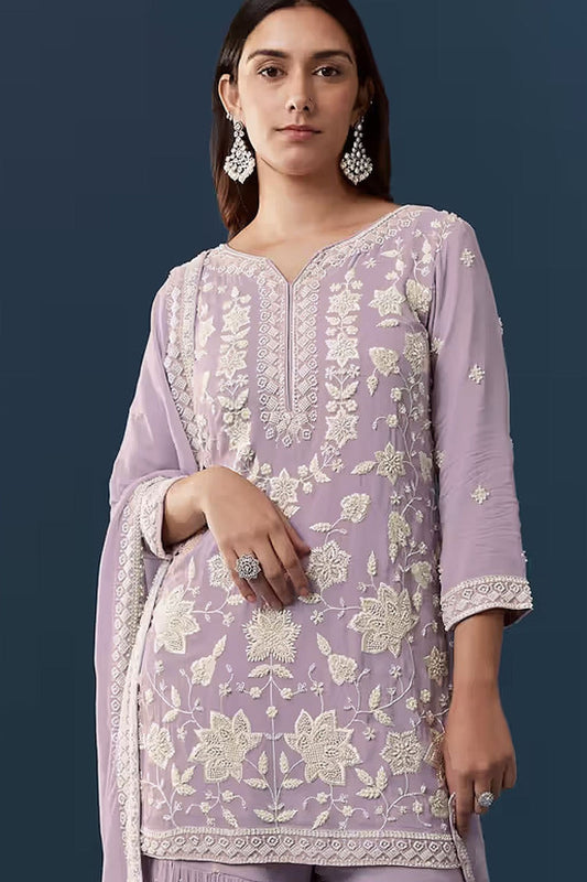 Elegant Lavender Georgette Designer Sharara Suit Set Embroidery Work
