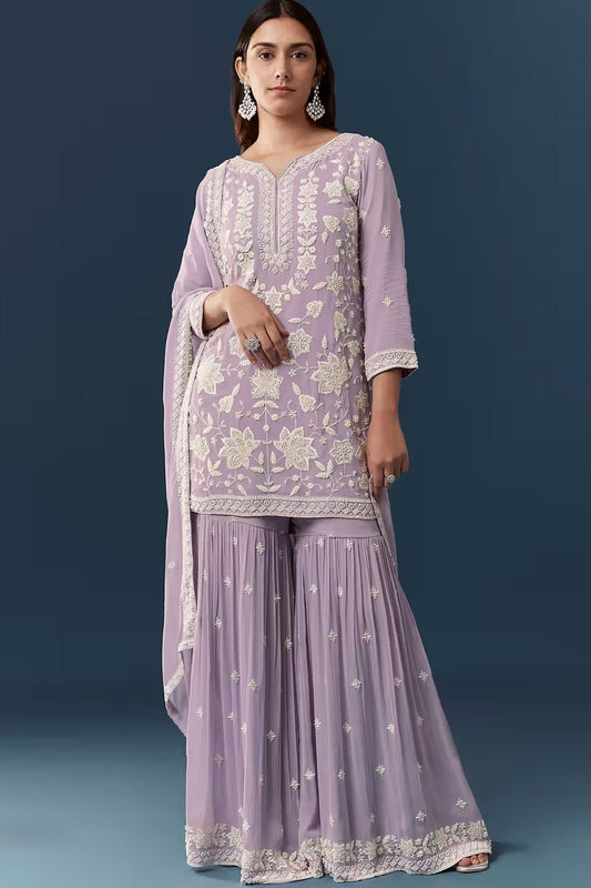 Elegant Lavender Georgette Designer Sharara Suit Set Embroidery Work