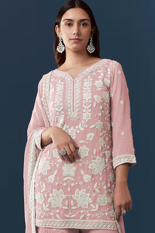 Gorgeous Dusty Pink Georgette Sharara Suit Set Embroidery Work