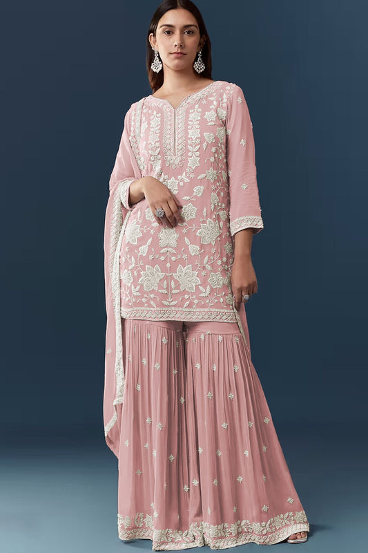 Gorgeous Dusty Pink Georgette Sharara Suit Set Embroidery Work