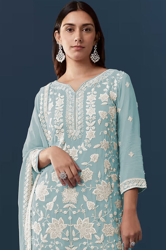 Stylish Sky Blue Georgette Designer Sharara Suit Set Embroidery Work