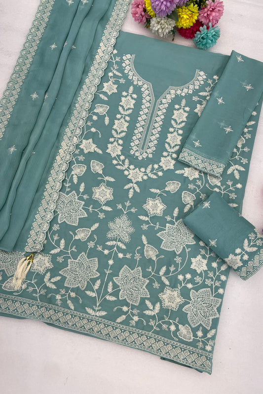 Stylish Sky Blue Georgette Designer Sharara Suit Set Embroidery Work