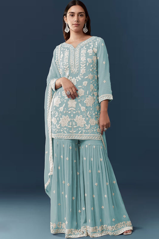 Stylish Sky Blue Georgette Designer Sharara Suit Set Embroidery Work